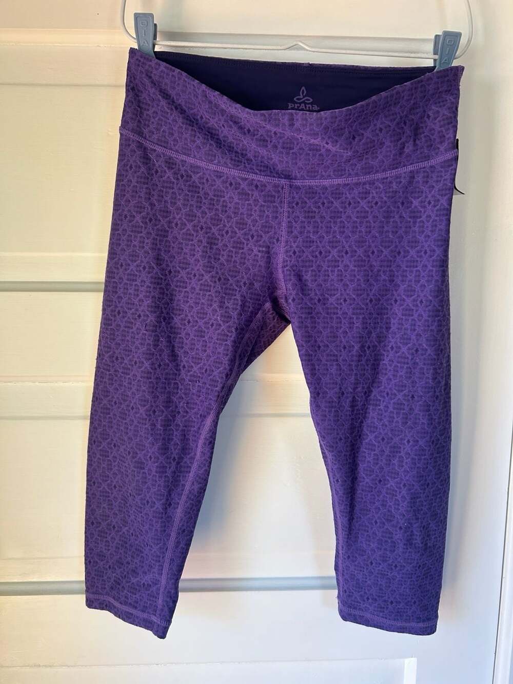 prAna Misty Knicker Purple Jacquard Ruched Capri Leggings Size Small